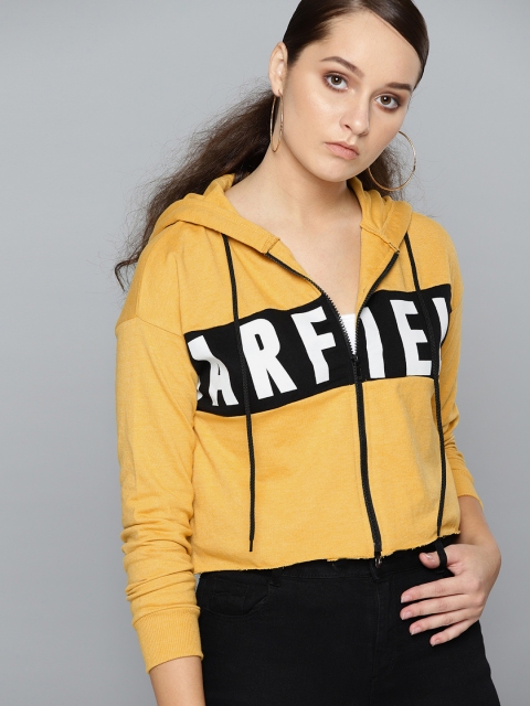 

Kook N Keech Garfield Women Mustard Yellow & Black Printed Cropped Hooded Sweatshirt