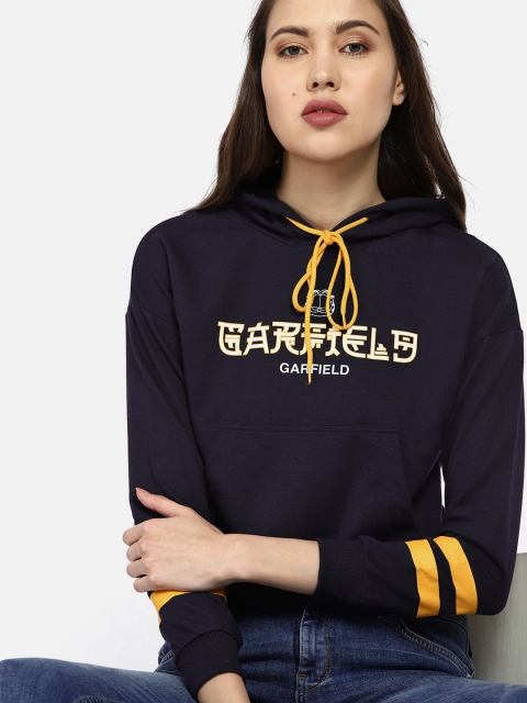 

Kook N Keech Garfield Women Navy Blue Printed Cropped Hooded Sweatshirt