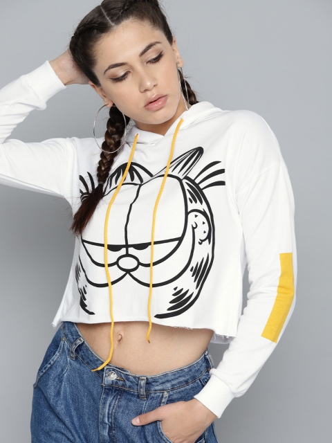 

Kook N Keech Garfield Women White & Black Printed Cropped Hooded Sweatshirt