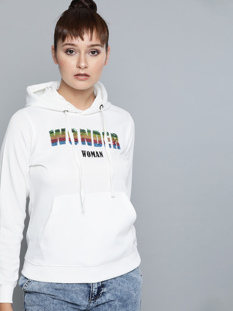 

Wonder Woman Women White Embellished Hooded Sweatshirt