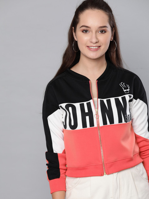 

Johnny Bravo by Kook N Keech Women Coral Pink & Black Colourblocked Sweatshirt