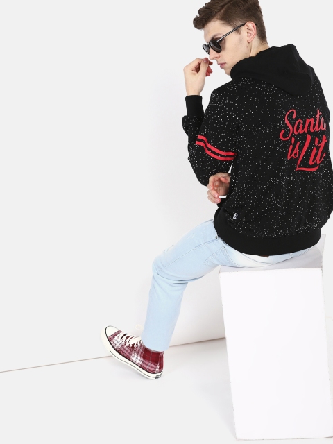 

Kook N Keech Men Black & White Printed Hooded Sweatshirt