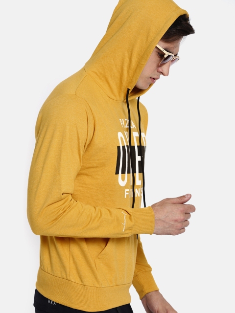 

Kook N Keech Men Mustard Yellow Printed Hooded Sweatshirt