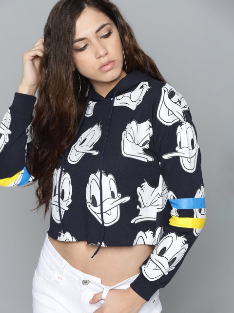 

Kook N Keech Disney Women Navy Blue & White Donald Duck Printed Cropped Hooded Sweatshirt