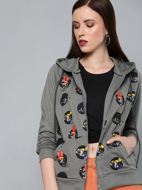 

Powerpuff Girls by Kook N Keech Women Charcoal Grey & Black Printed Hooded Sweatshirt