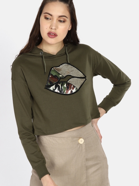 

Kook N Keech Women Olive Green & Golden Embellished Cropped Hooded Sweatshirt