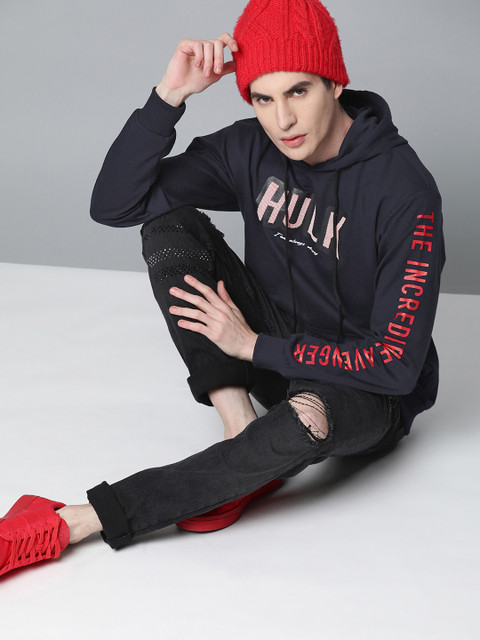

Kook N Keech Marvel Men Navy Blue & Red Printed Hooded Sweatshirt