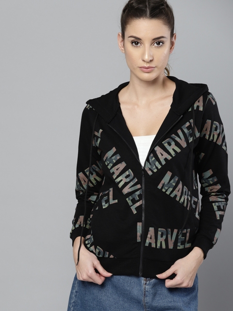 

Kook N Keech Marvel Women Black & Olive Green Printed Hooded Sweatshirt