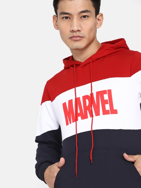 

Kook N Keech Marvel Men Navy Blue & Red Colourblocked Hooded Sweatshirt