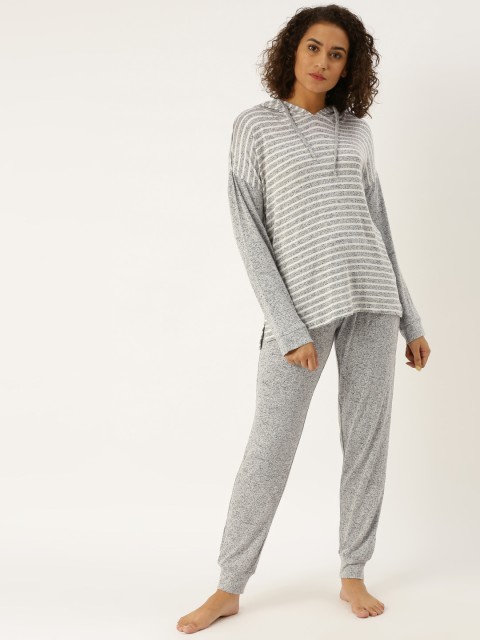 

DressBerry Women Grey Striped Night Suit with a Hooded Top and Jogger Bottoms