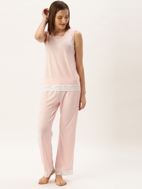 

DressBerry Women Pink Solid Night suit with Lace Inserts