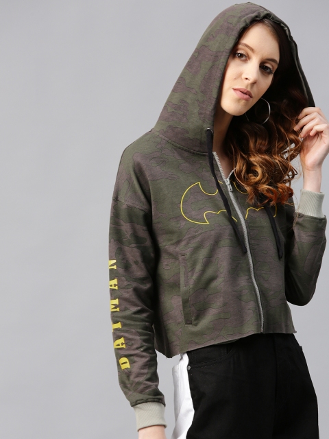 

Kook N Keech Batman Women Grey & Olive Green Batman Print Hooded Sweatshirt