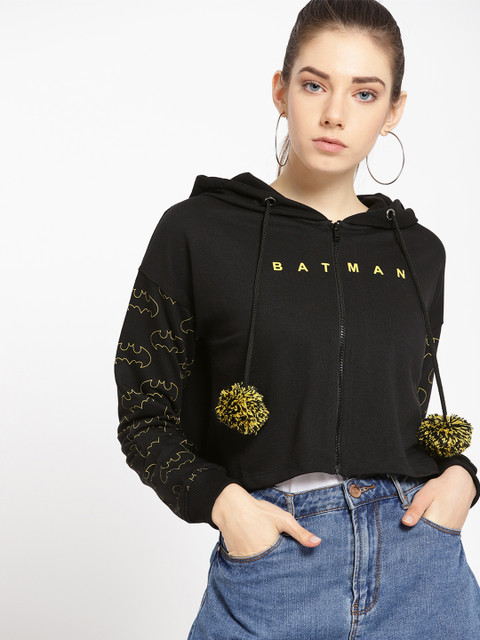 

Kook N Keech Batman Women Black Solid Cropped Hooded Sweatshirt