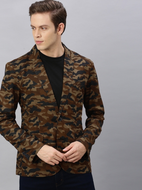 

Kook N Keech Men Olive Green & Brown Camouflage Printed Regular Fit Casual Blazer