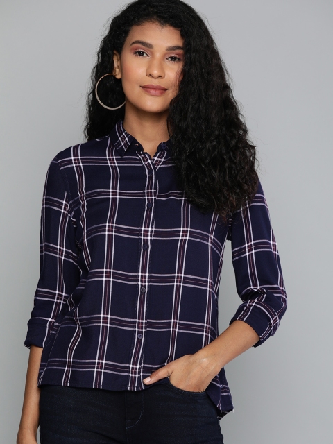 

Lee Women Navy Blue & Burgundy Regular Fit Checked Casual Shirt