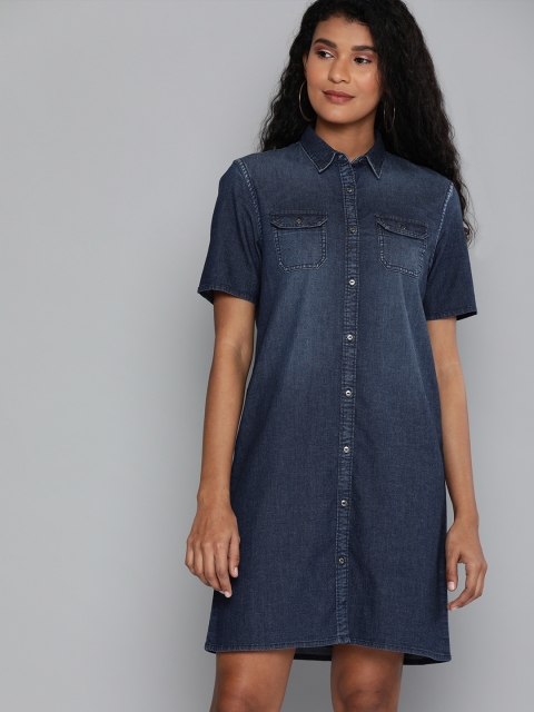 

Lee Women Blue Solid Chambray Shirt Dress