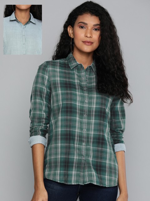 

Lee Women Green & Black Regular Fit Checked Casual Reversible Shirt