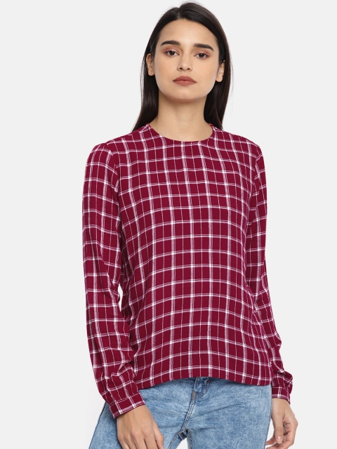

Lee Women Burgundy & White Checked Slim Fit Top