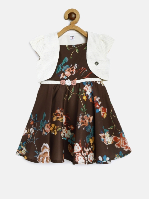 

Peppermint Girls Brown Floral Printed Fit and Flare Dress with Shrug