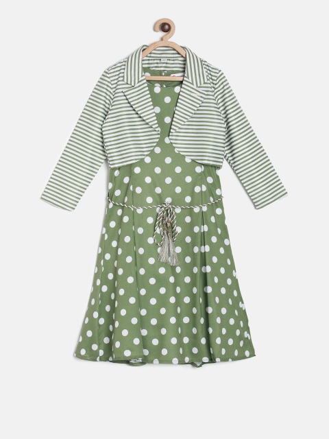 

Peppermint Girls Olive Green & White Printed Fit and Flare Dress