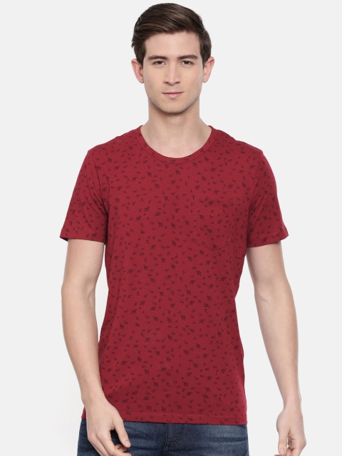 

SELECTED Men Maroon Printed Slim Fit Round Neck Pure Cotton T-shirt