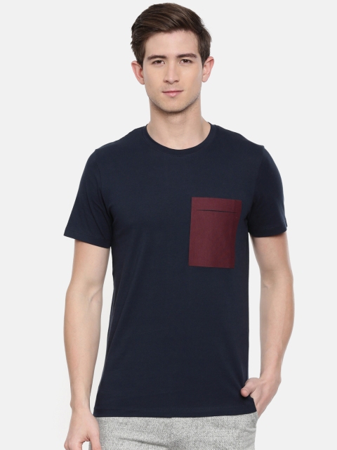 

SELECTED Men Navy Blue Solid Slim Fit Round Neck T-shirt