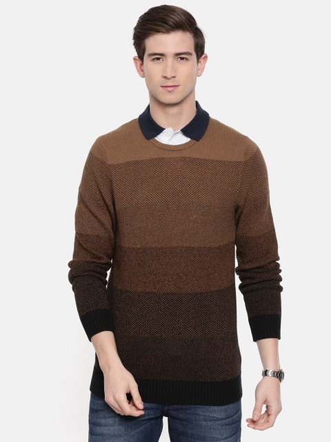 

SELECTED Men Brown Striped Pullover Sweater