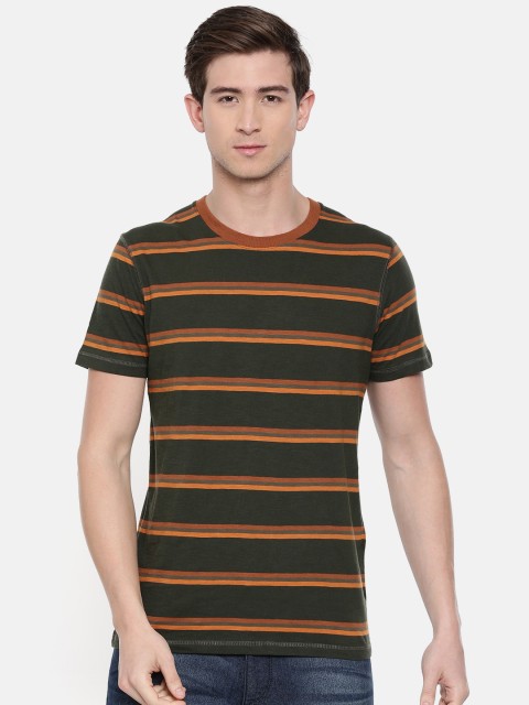 

SELECTED Men Olive Green & Mustard Yellow Striped Slim Fit Round Neck T-shirt