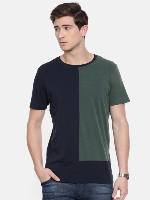 

SELECTED Men Navy Blue Olive Green Colourblocked Round Neck Pure Cotton T-shirt