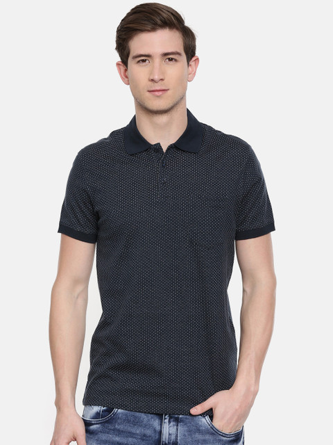 

SELECTED Men Navy Blue Self Design Polo Collar T-shirt