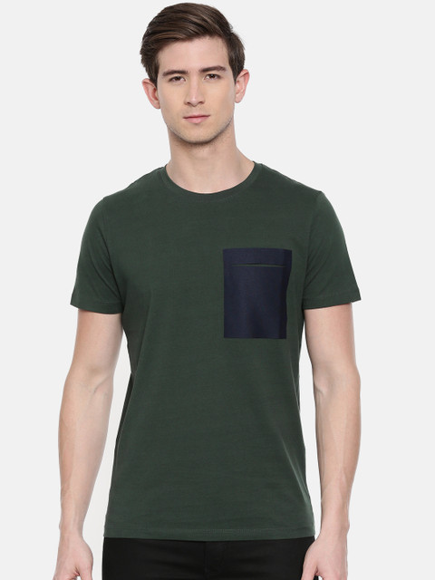 

SELECTED Men Olive Green Solid Round Neck T-shirt