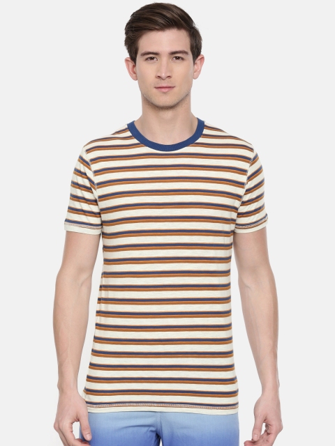 

SELECTED Men Off-White Brown Striped Round Neck Pure Cotton T-shirt