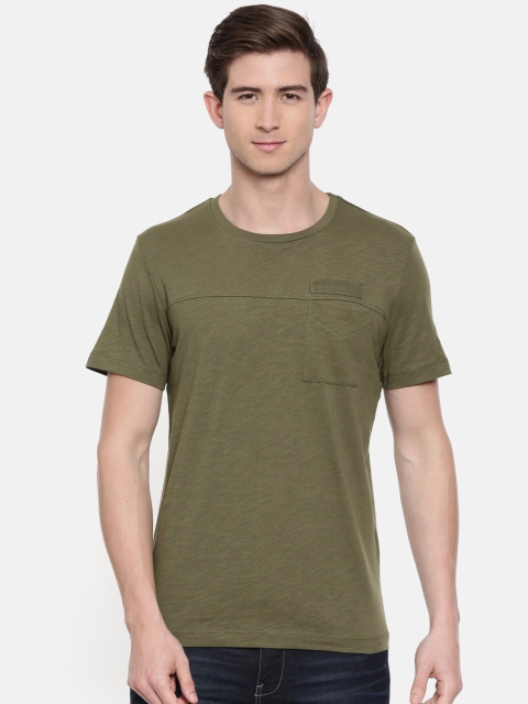 

SELECTED Men Olive Green Solid Round Neck T-shirt