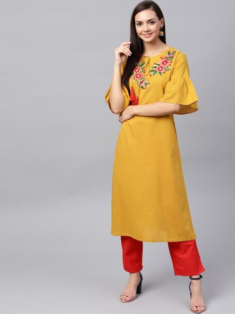 

Bhama Couture Women Mustard Yellow Yoke Design Straight Kurta