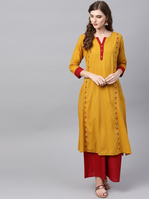 

Bhama Couture Women Mustard Yellow Embroidered Detail A-Line Kurta