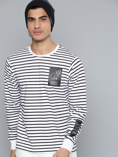

Johnny Bravo by Kook N Keech Men White & Black Striped Round Neck T-shirt