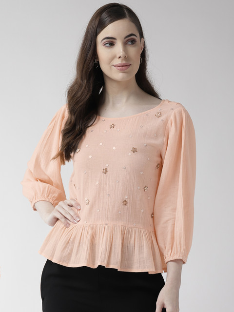 

SCOUP Women Peach-Coloured Embellished Styled Back Top
