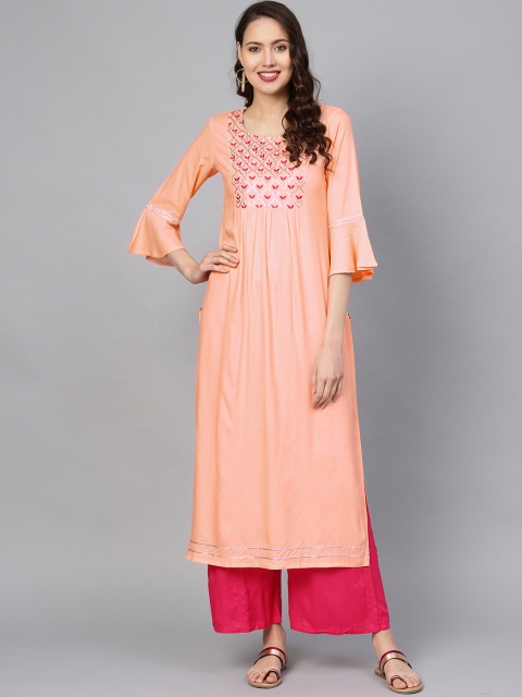 

Varanga Women Peach-Coloured Yoke Design Straight Kurta