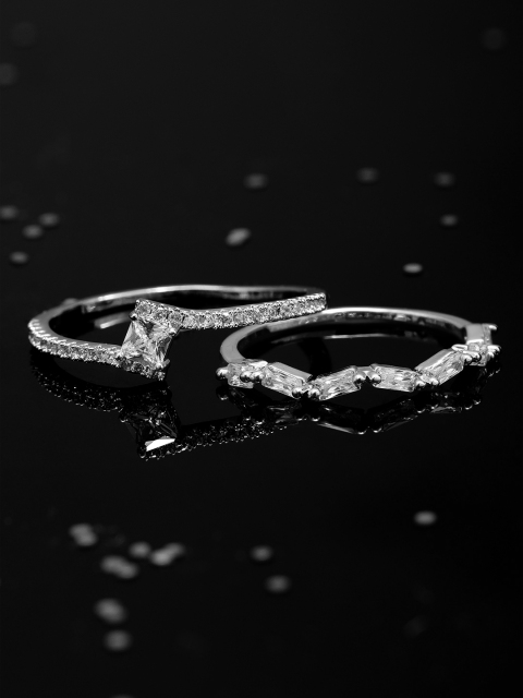 

Rubans Women Set of 2 Silver-Toned CZ Stone-Studded Rings
