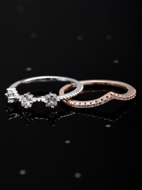 

Rubans Women Set of 2 CZ Stone-Studded Band Rings, Silver