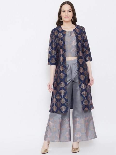 

Be Indi Women Grey & Navy Block Print Top with Palazzos & Shrug