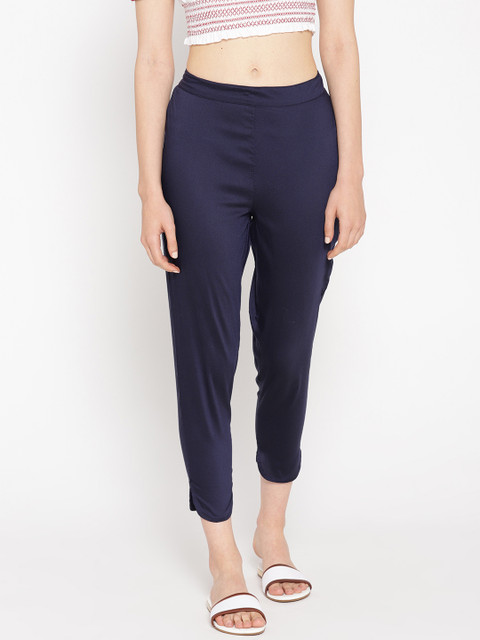 

Be Indi Women Navy Blue Solid Cropped Regular Trousers