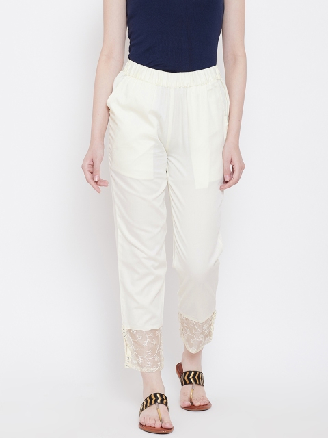 

Be Indi Women Off-White Solid Cropped Trousers