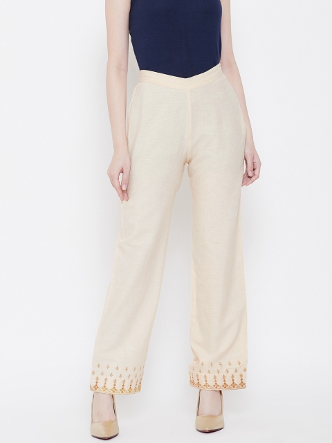 

Be Indi Women Cream-Coloured Hem Design Straight Palazzos
