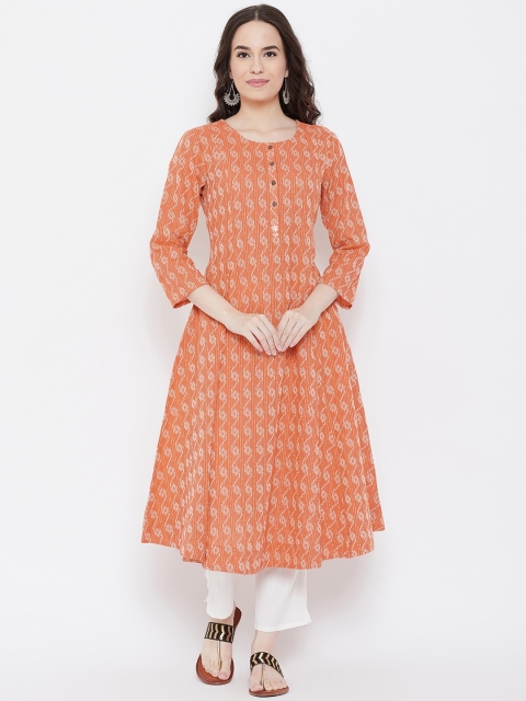 

Be Indi Women Rust Orange & White Woven Design A-Line Kurta