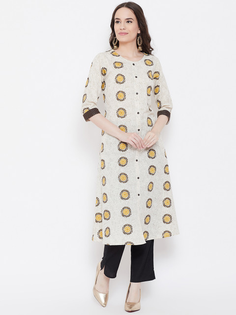 

Be Indi Women Beige & Mustard Yellow Printed A-Line Kurta