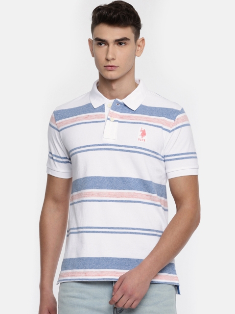 

U.S. Polo Assn. Men White Blue Striped Polo Collar Pure Cotton T-shirt