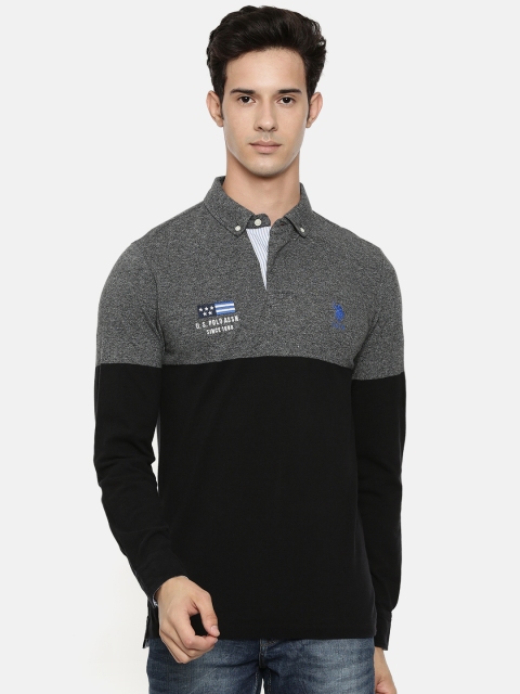 

U.S. Polo Assn. Men Charcoal Grey & Black Colourblocked Slim Fit Polo Collar T-shirt