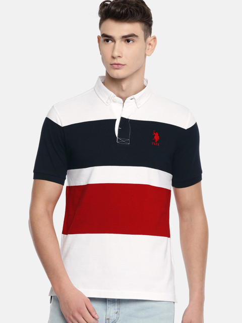 

U.S. Polo Assn. Men White Navy Blue Colourblocked Polo Collar Pure Cotton T-shirt