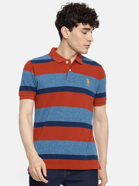

U.S. Polo Assn. Men Blue Striped Polo Collar Pure Cotton T-shirt